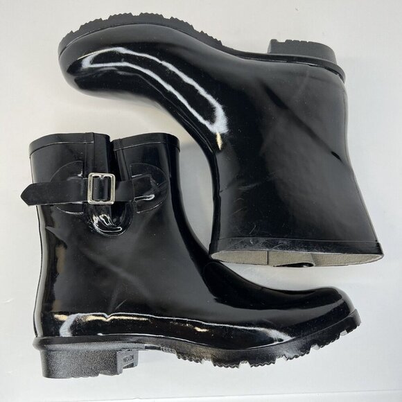 Nomad Dew Waterproof Rain Boots Womens Size 8 Silver Buckle Shiny Solid Black - Picture 7 of 9